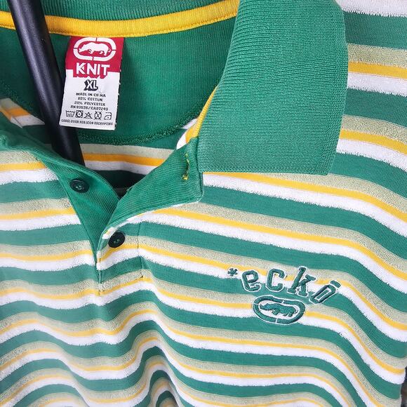 Vintage Y2K Ecko Unltd Shag Polo Shirt Green Yellow White Stripe XL Logo 72 - Picture 3 of 4